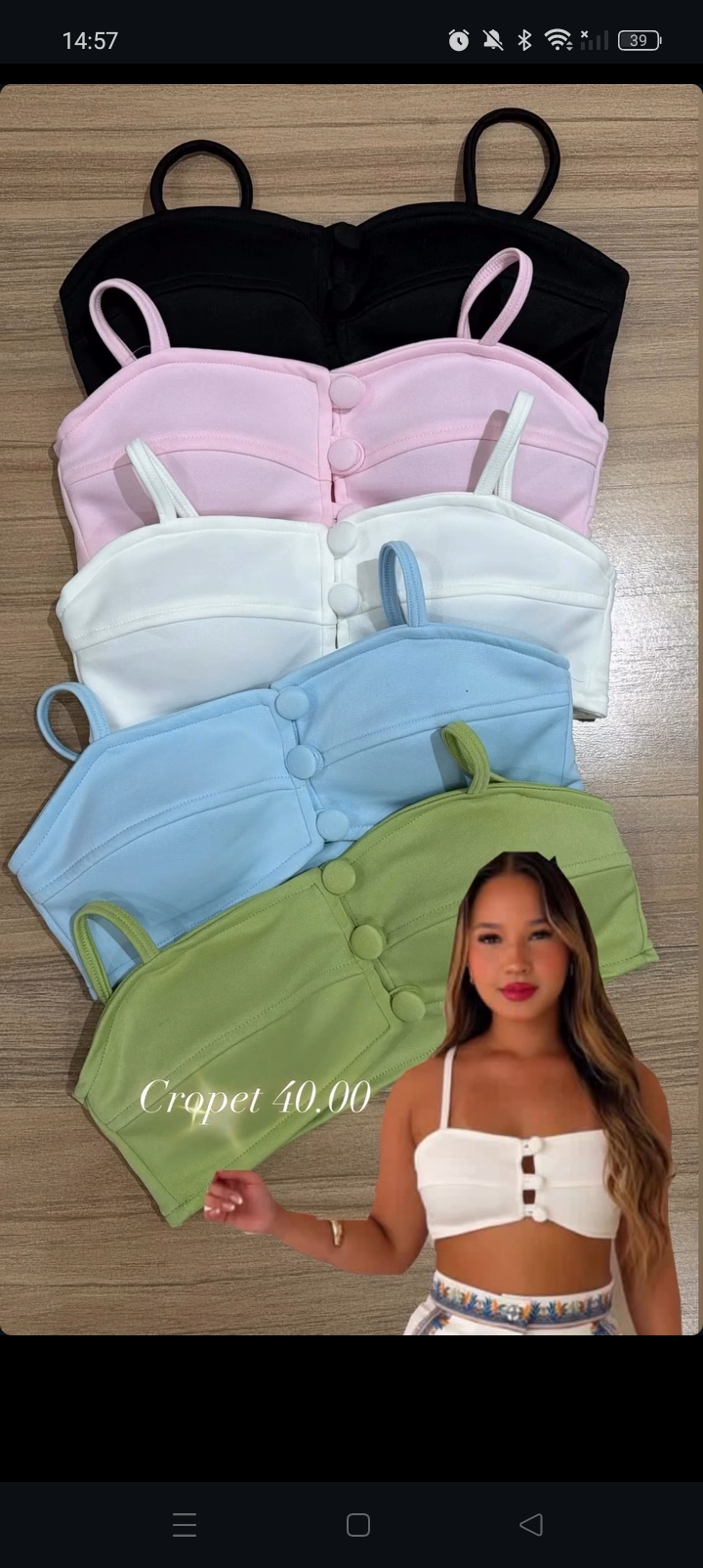 Cropped feminino de alças com botões em várias cores